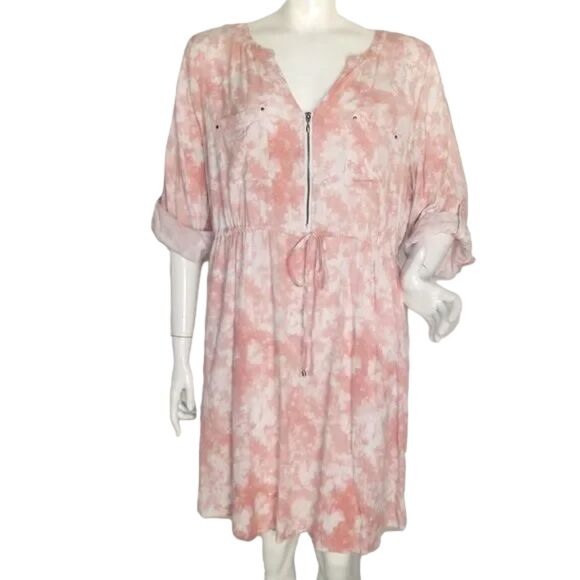 TORRID Shirt Dress, 3/3X, Pink/White, Tab Sleeves, Drawstring Waist, Zip Front - Picture 2 of 16